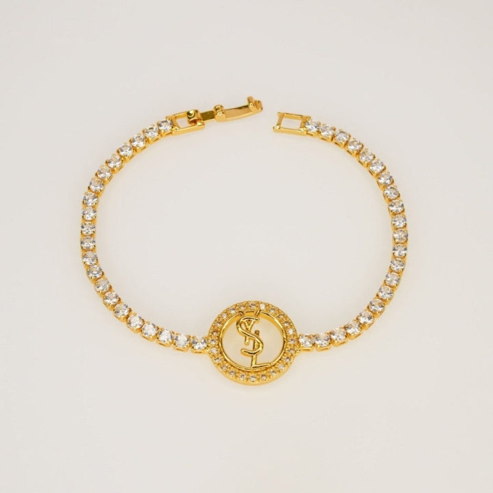 Tennis Crystal Bracelet with YSL Logo Charm - Dainty Design