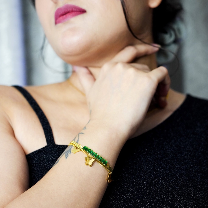 Butterfly Charm Bracelet with Green Gemstones - Dainty Design